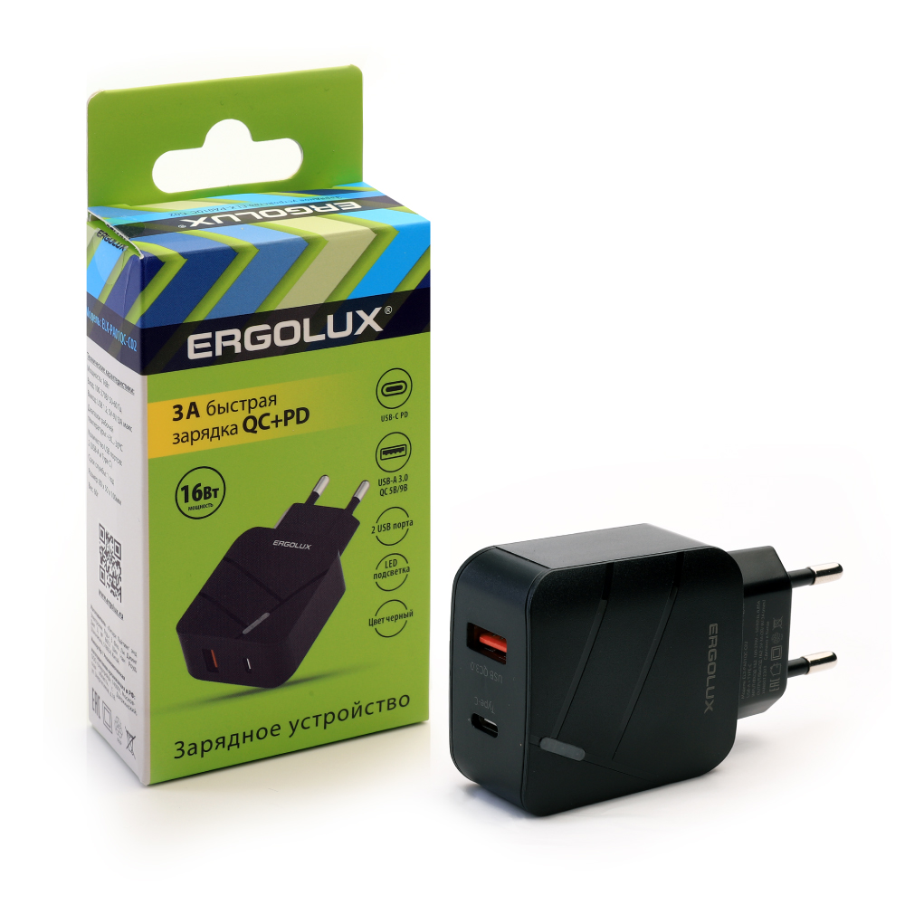 ERGOLUX ELX-РA01QC-C02 (Сетевой адаптер 18Вт 1USB+1Type C, 100-220В, 5-9V/3А, QC, Черный, Коробка)