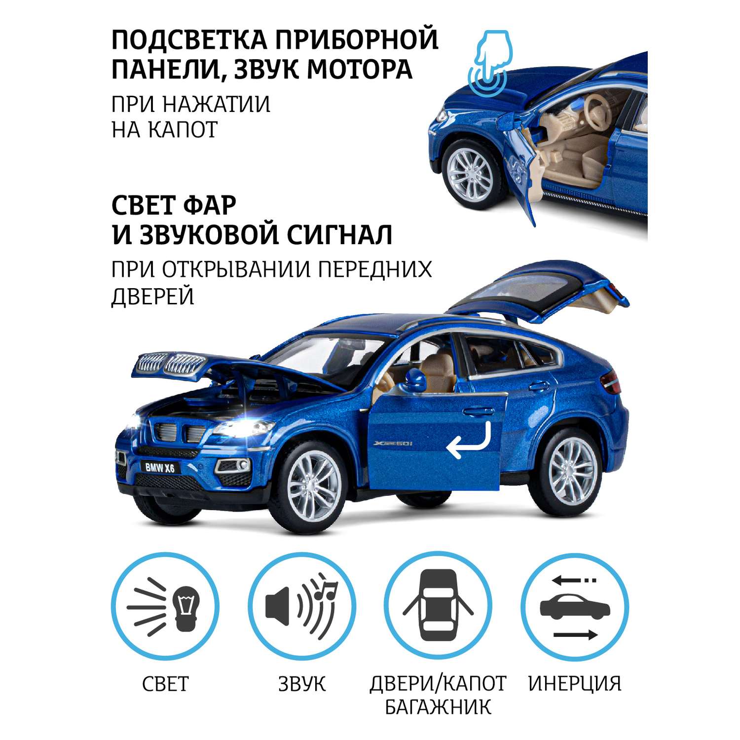 Машинка металлическая АВТОпанорама игрушка детская BMW X6 1:32 синий JB1251394 - фото 2
