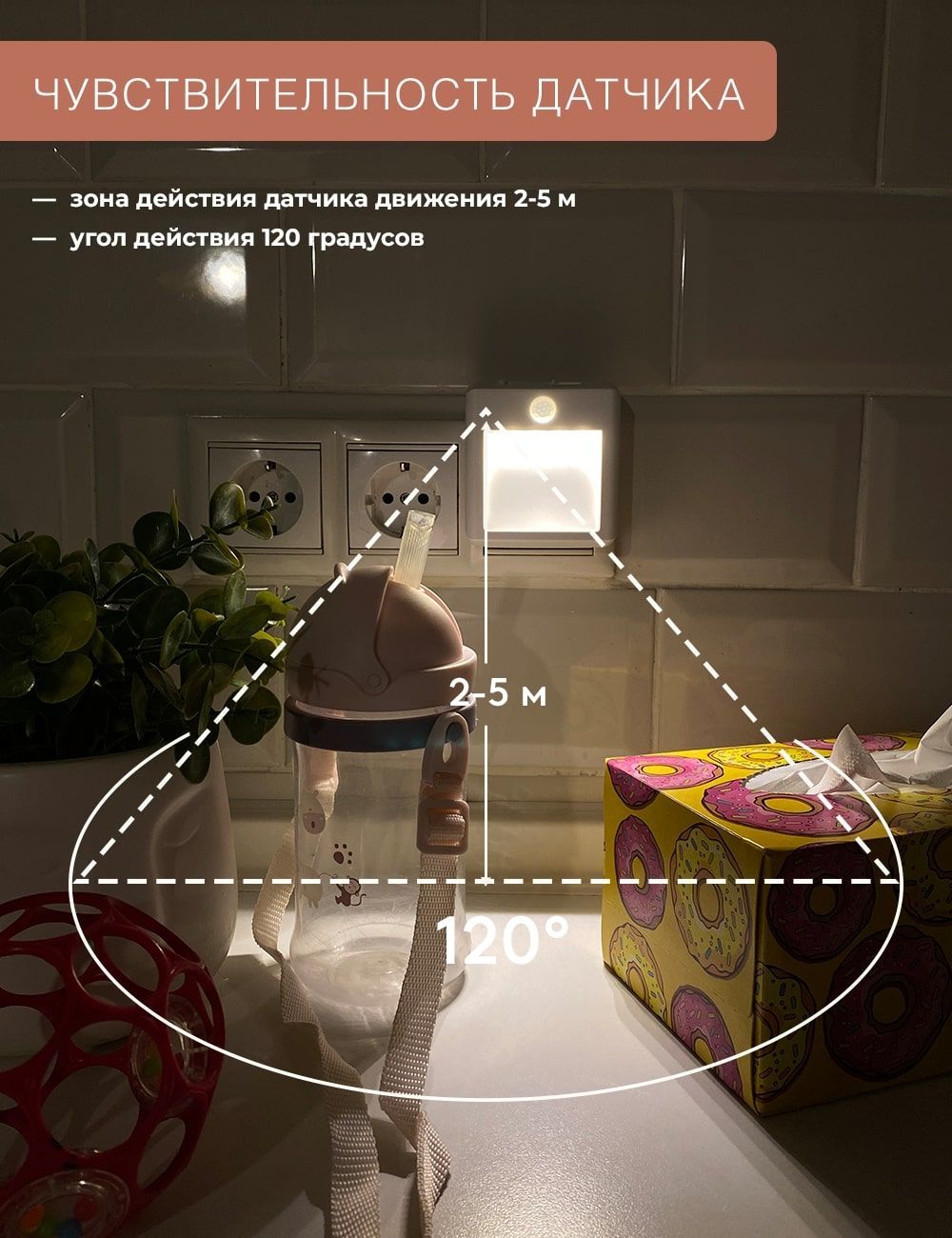 LED подсветка ГЕЛЕОС светодиодный ночник К7 0.5Вт датчик движения и освещенности 3 режима для кухни прихожей - фото 8