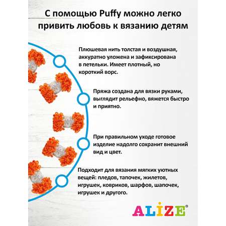 Пряжа для вязания Alize puffy 100 г 9 м микрополиэстер фантазийная плюшевая 766 морковный 5 мотков