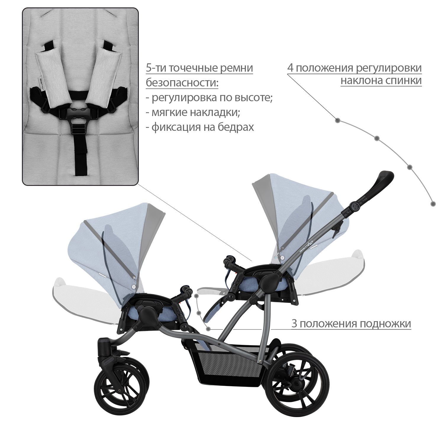 Коляска для двойни 2в1 Bebetto 42 Comfort 02 шасси Графит - фото 7
