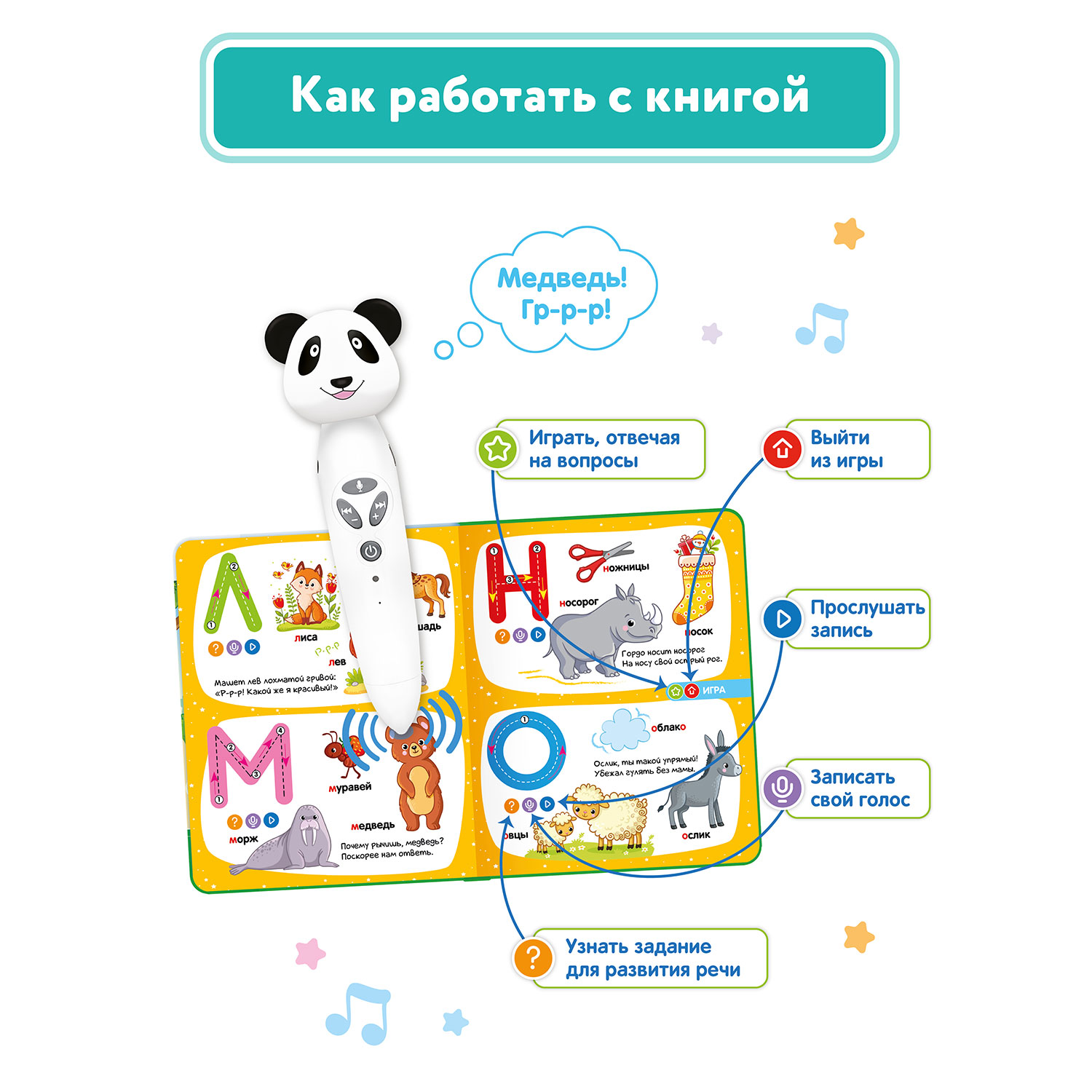 Набор логопедическая игрушка BertToys Панда Тичи + интерактивная книга  купить по цене 3790 ₽ в интернет-магазине Детский мир