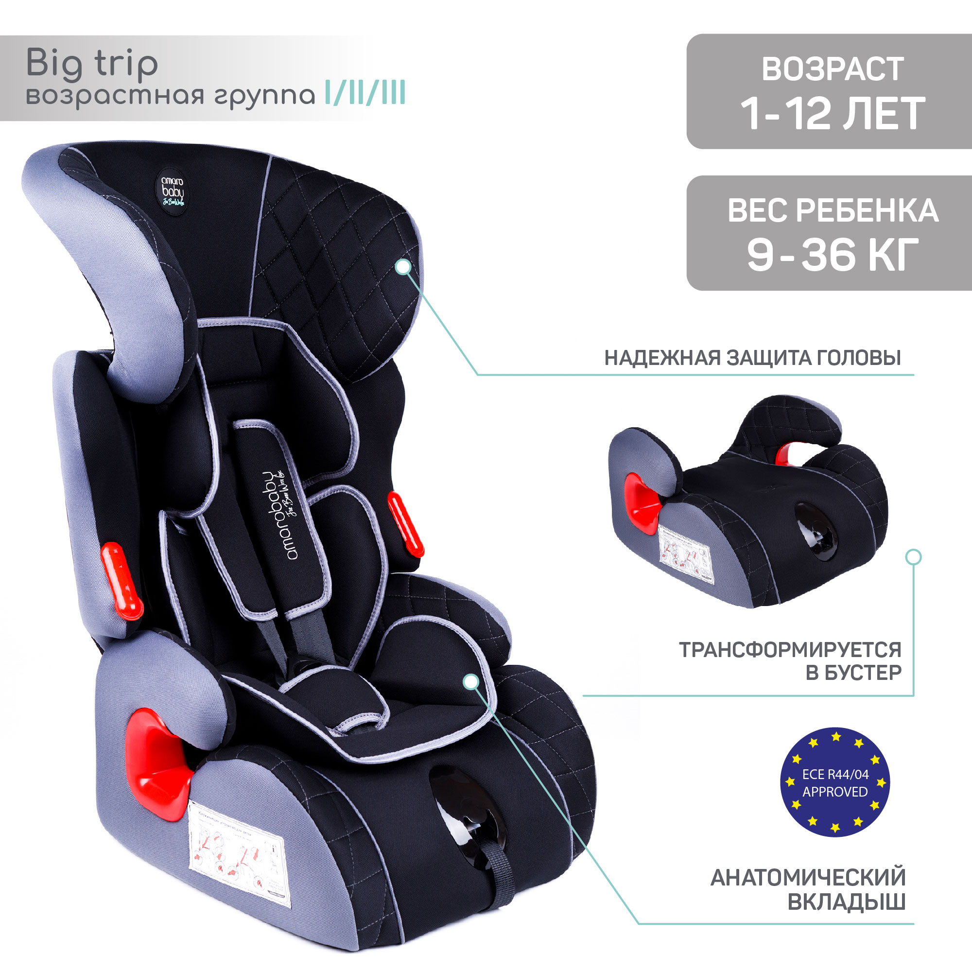 Автокресло Amarobaby Big trip I/II/III Черный-Серый - фото 2