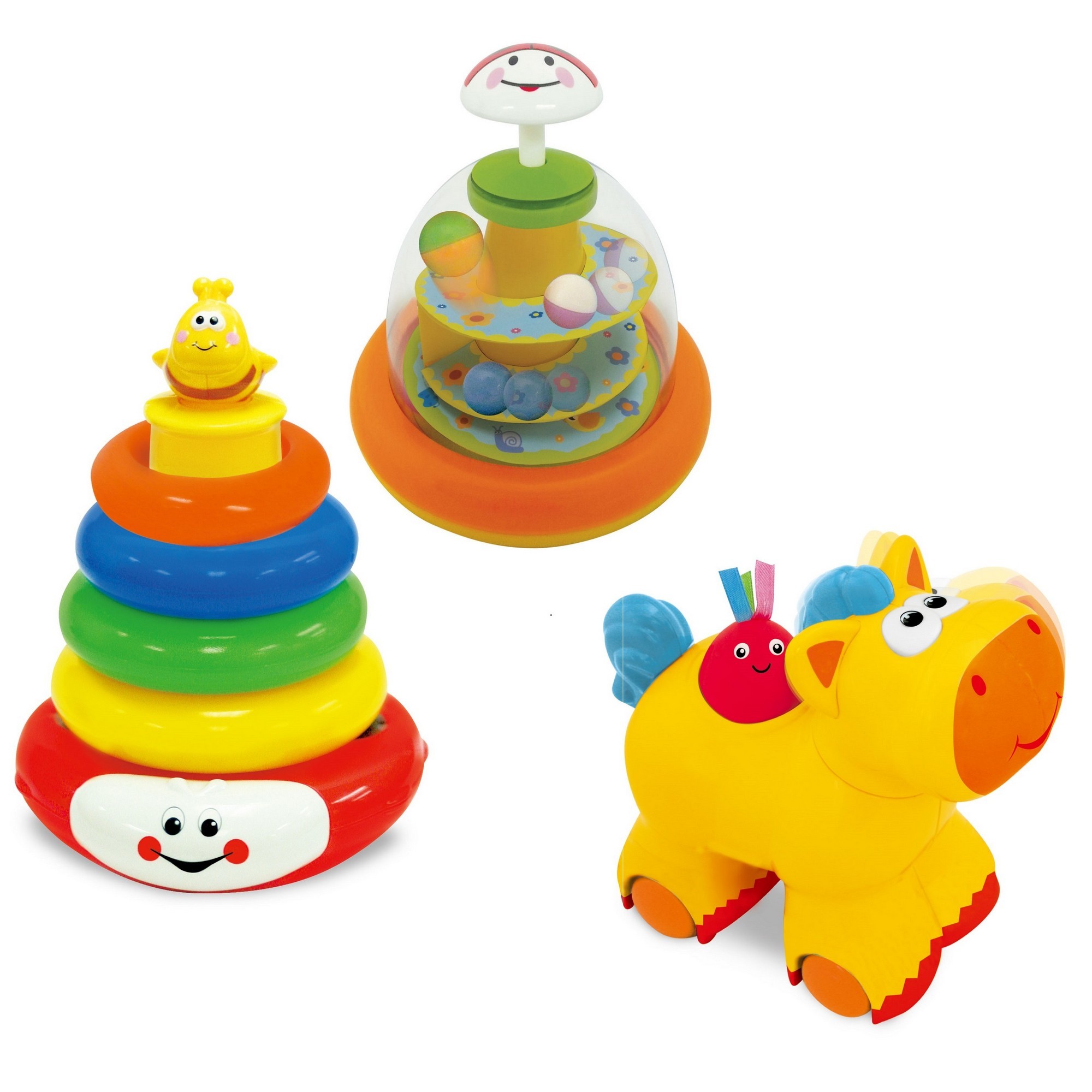 Развивающий набор из 3-х игрушек Kiddieland Юла, Пирамида, Пони (KID 052894) - фото 1