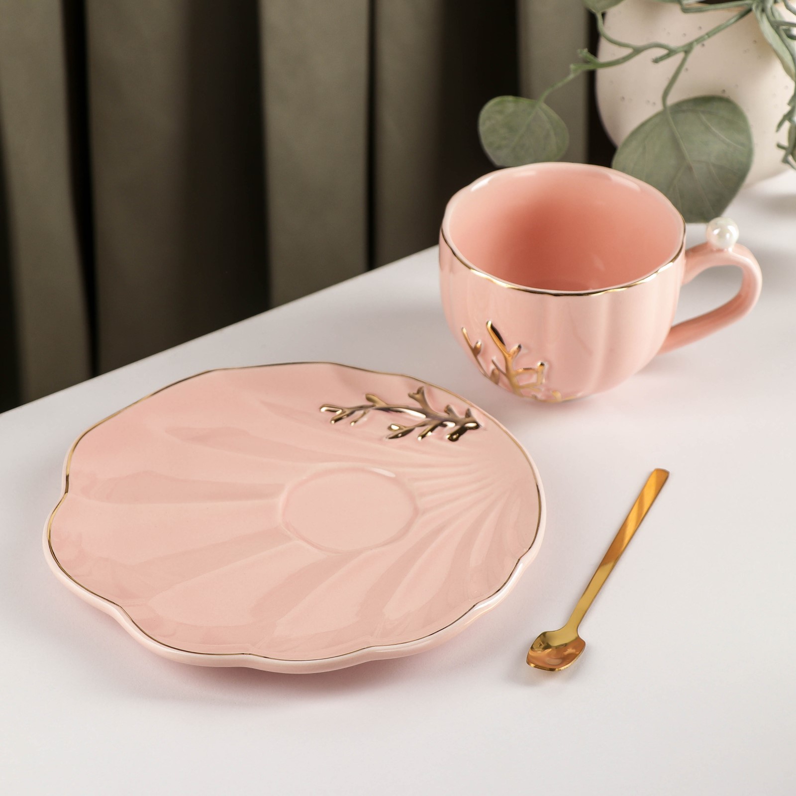 Чайная пара Sima-Land с ложкой Линия чашка 250 мл блюдце цвет розовый - фото 2