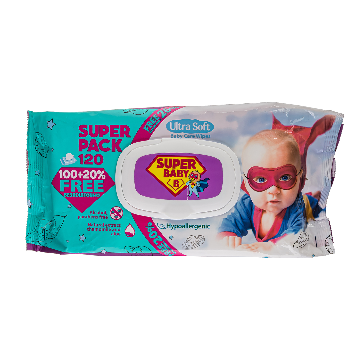 Влажные салфетки Super Baby детские SuperPack 120 шт. ромашка и алоэ - фото 1