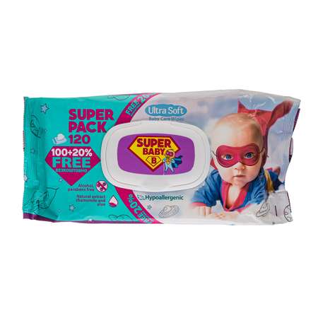 Влажные салфетки Super Baby детские SuperPack 120 шт. ромашка и алоэ