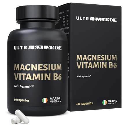 Магний с витамином В6 UltraBalance бад для мужчин и женщин Magnesium b6 с комплексом Aquamin 60 капсул