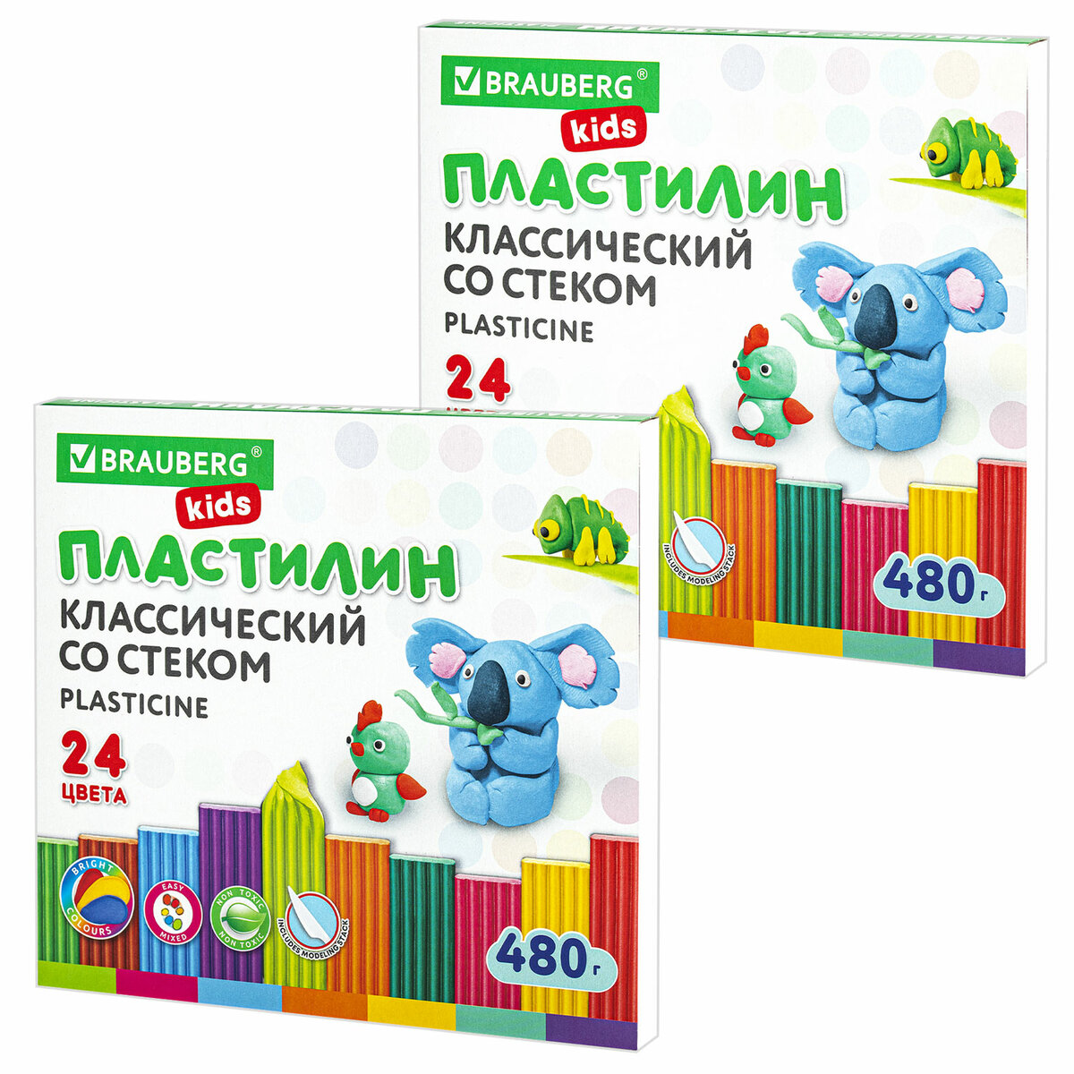 Пластилин классический Brauberg для лепки для детей 2 набора по 24 цвета - фото 1