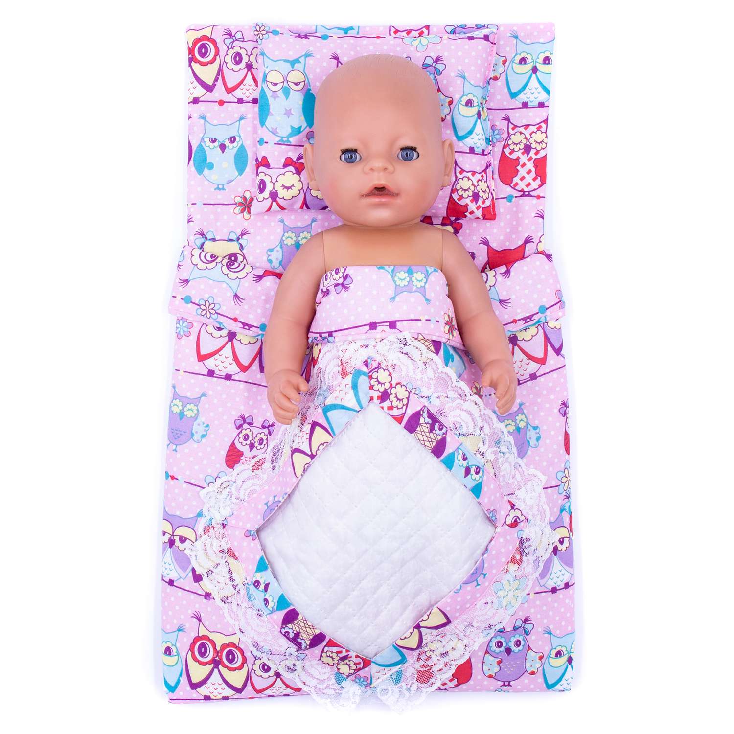 Комплект для пупса Модница 43-48 см: одеяло в пододеяльнике подушка и матрасик розовый-голубой 6109розовый-голубой - фото 3