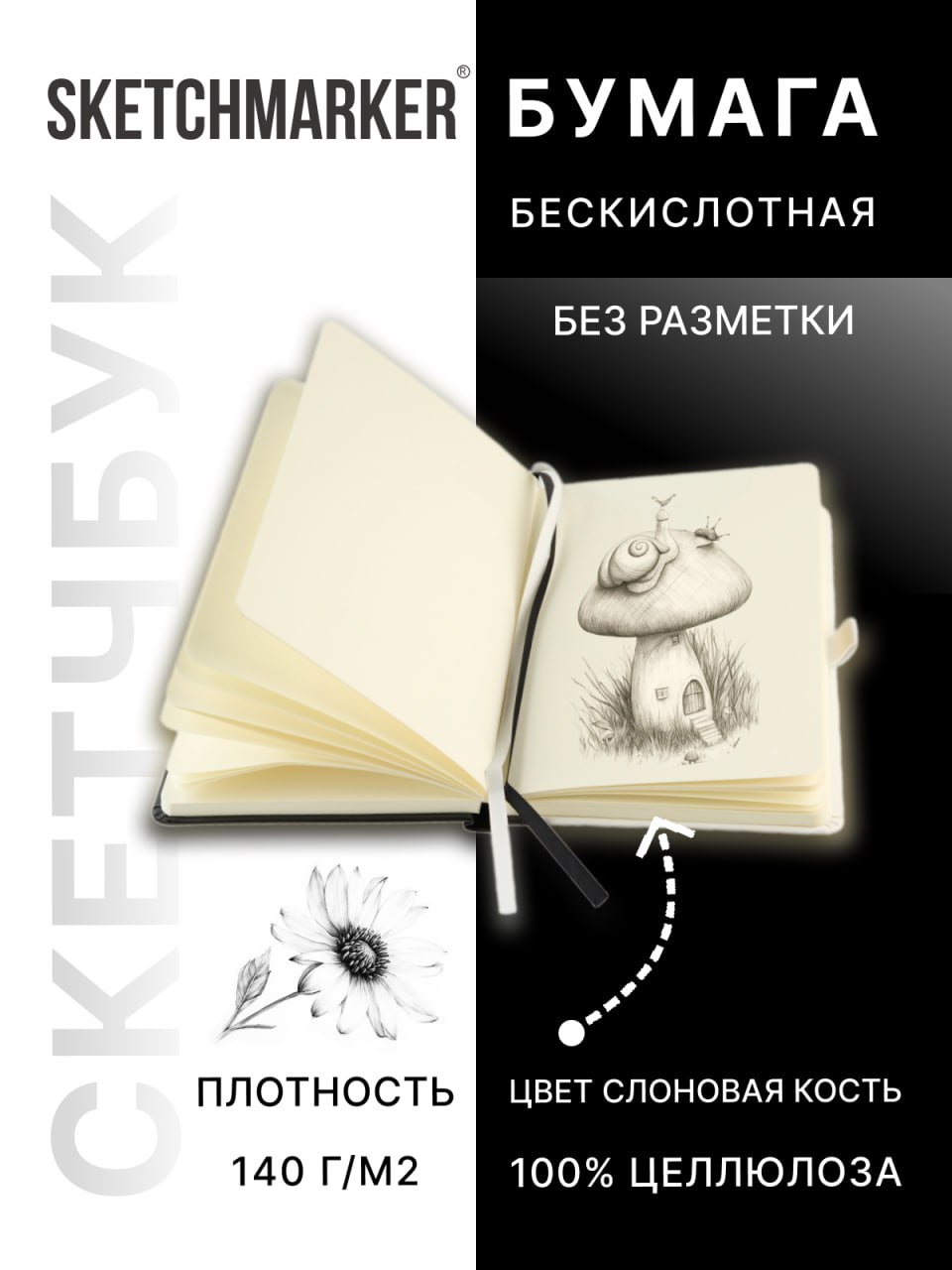 Блокнот SKETCHMARKER для рисования и записей 140 г кв м 13х21 см 80 л твердая обложка черно-белый - фото 3