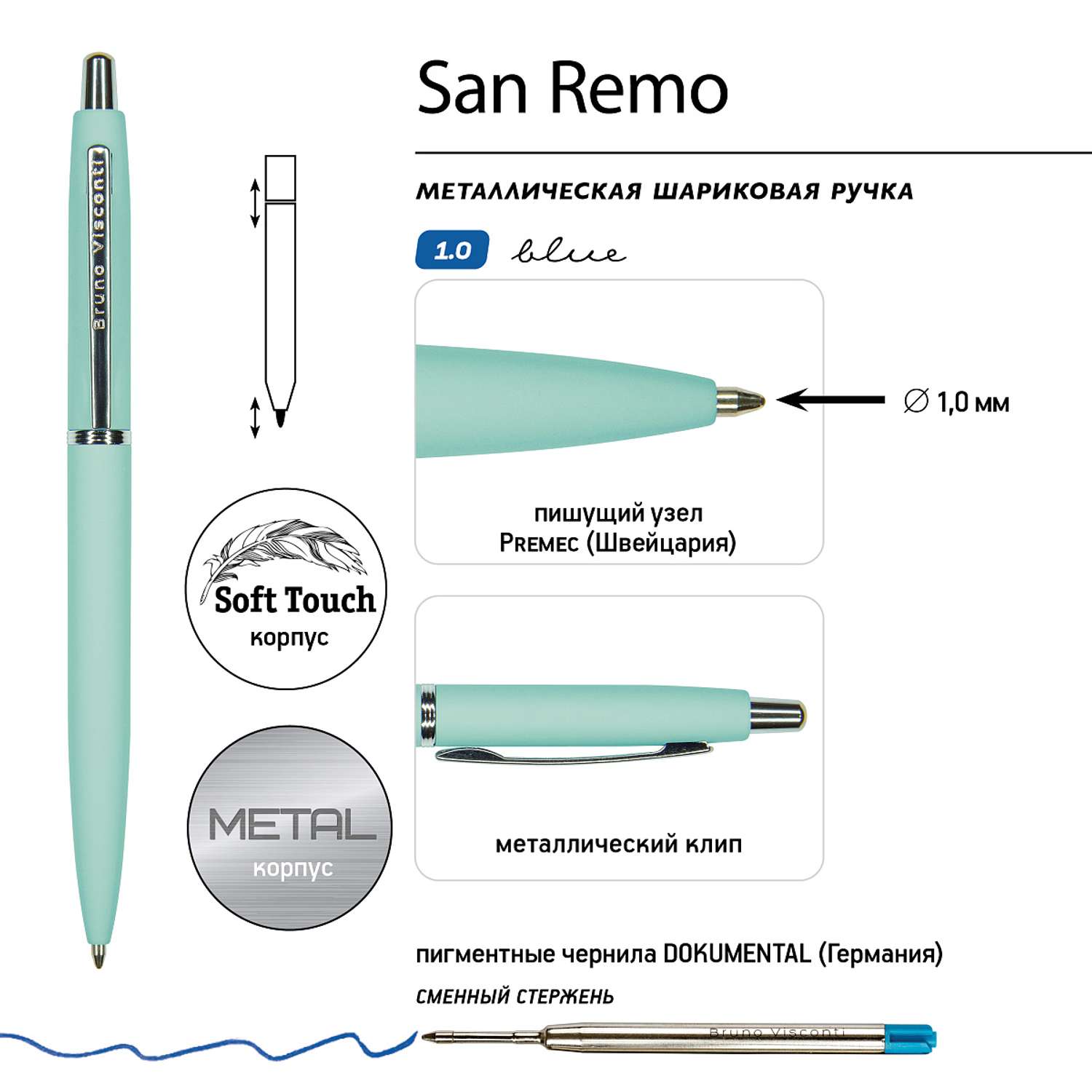 Ручка шариковая Bruno Visconti Автоматическая SAN REMO цвет корпуса мятный 1 мм синий в металическом круглом тубусе - фото 2