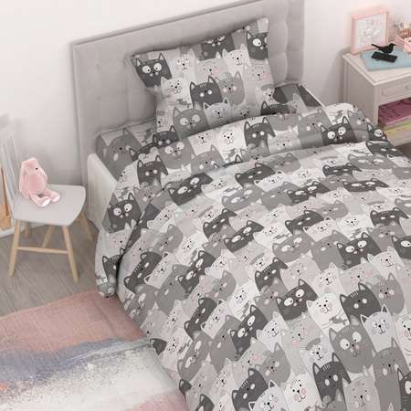 Комплект постельного белья TEO kids Серые котики 1.5-спальный простыня на резинке 90х200 наволочка 50х70