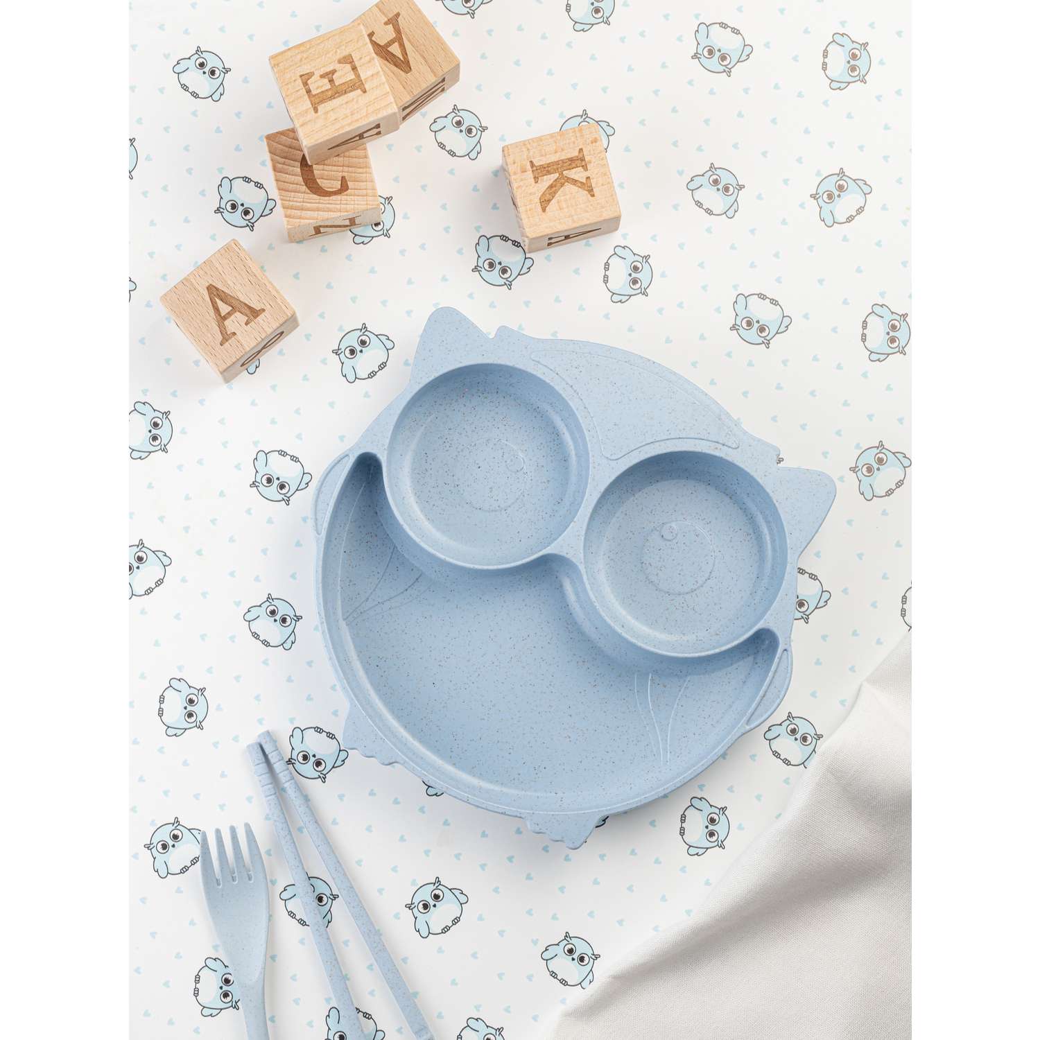 Набор детской посуды Добрый Филин Детская тарелка вилка ложка Совушка голубая 4 предмета - фото 10