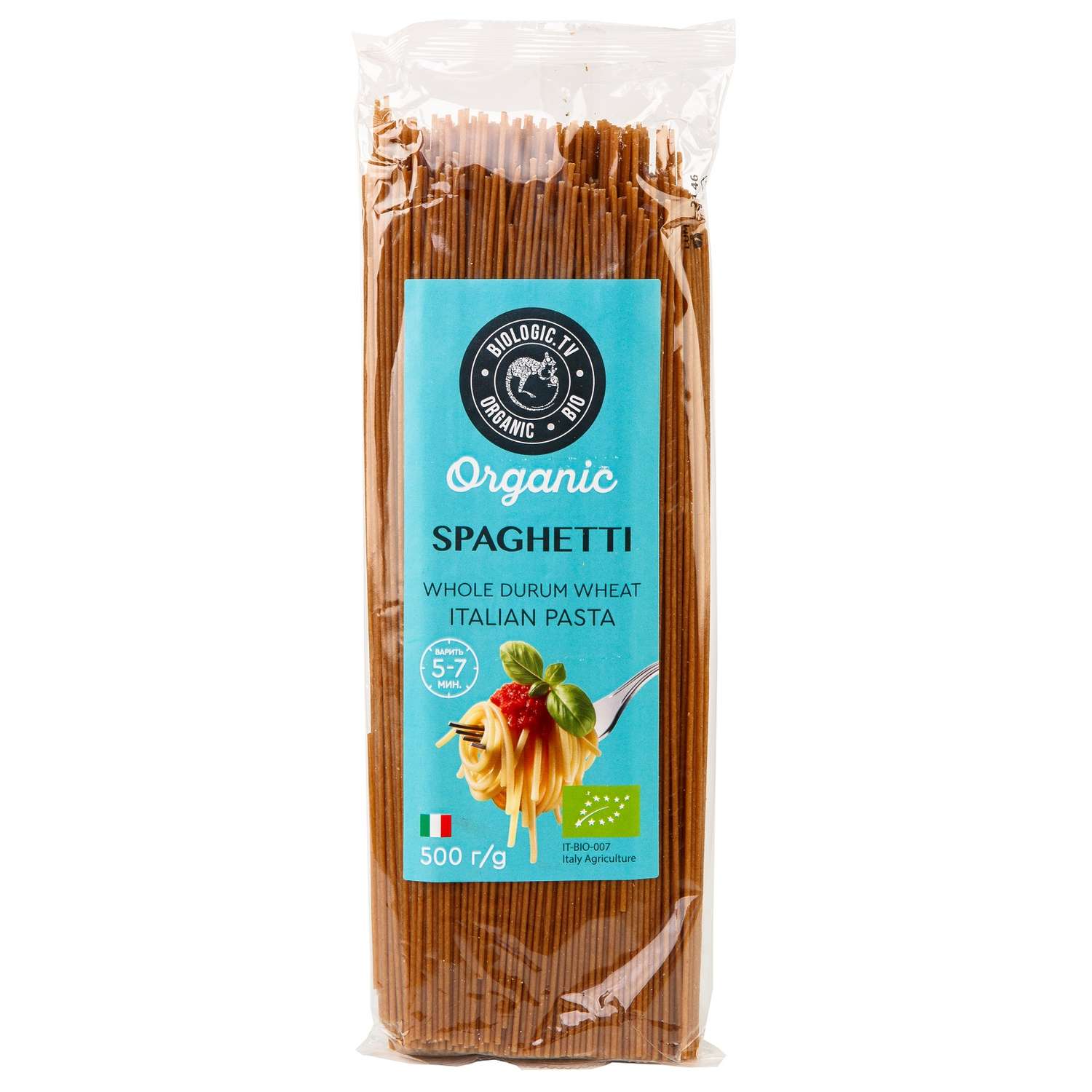 Паста Biologic.tv Спагетти из цельнозерновой муки твёрдой итальянской пшеницы 500г - фото 1
