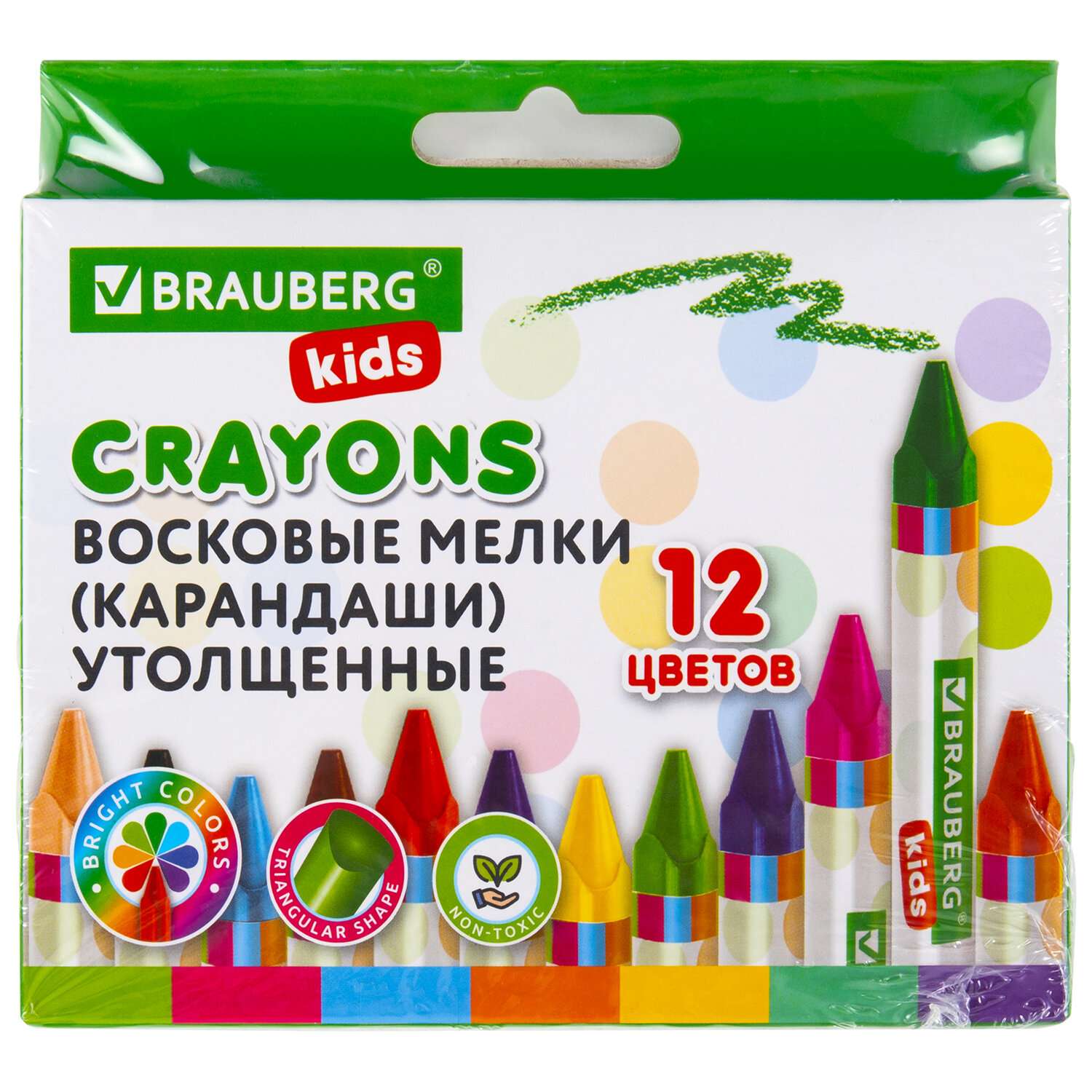 Восковые мелки Brauberg цветные карандаши для рисования набор 12 цветов утолщенные - фото 1