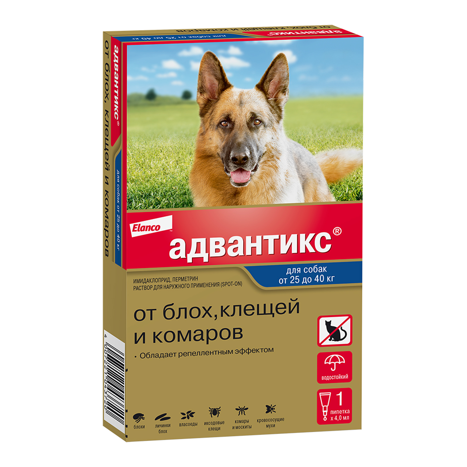 Капли для собак Elanco Адвантикс от 25 до 40 кг против блох и клещей  1пипетка купить по цене 890 ₽ с доставкой в Москве и России, отзывы, фото