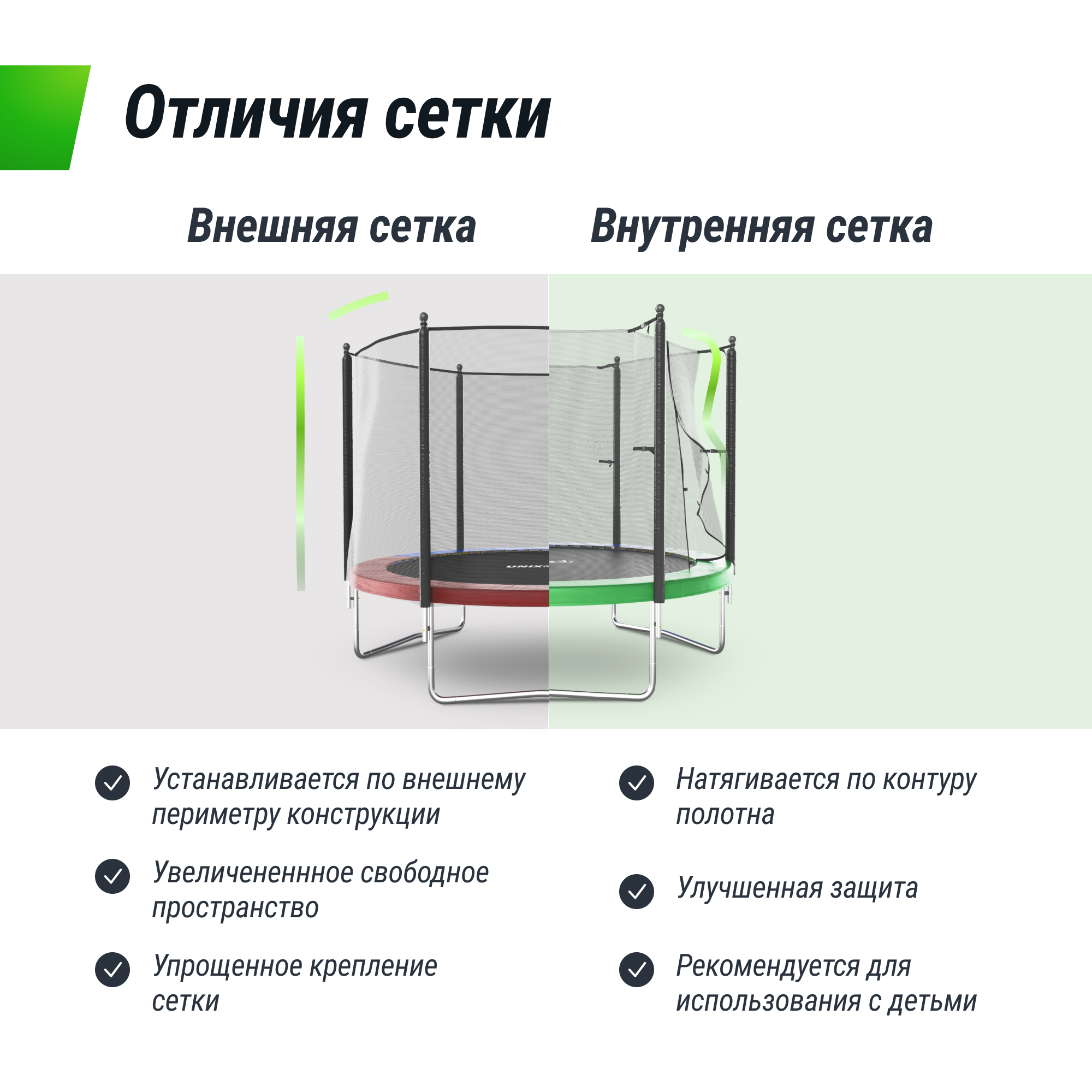 Батут каркасный Simple 8 ft UNIX line Green с внутренней защитной сеткой общий диаметр 244 см до 140 кг - фото 11