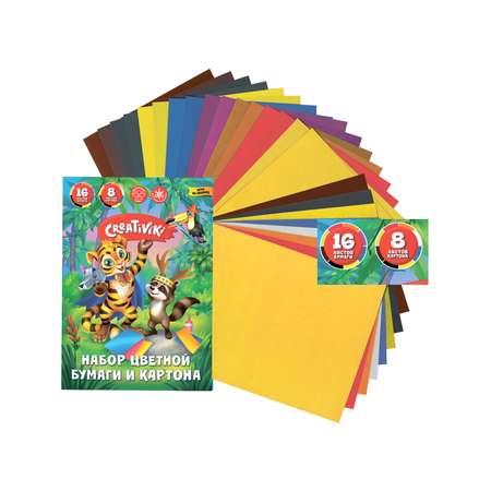 Набор картона и цветной бумаги CReATiViKi 8 листов немелованный картон 190 г/м2 + 16 листов 8 цветов
