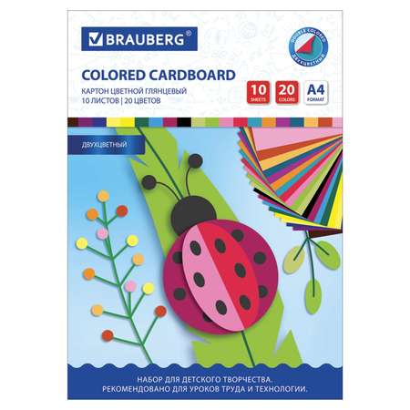 Картон цветной Brauberg формата А4 для творчества 2-цветный Мелованный 10 листов 20 цветов в папке