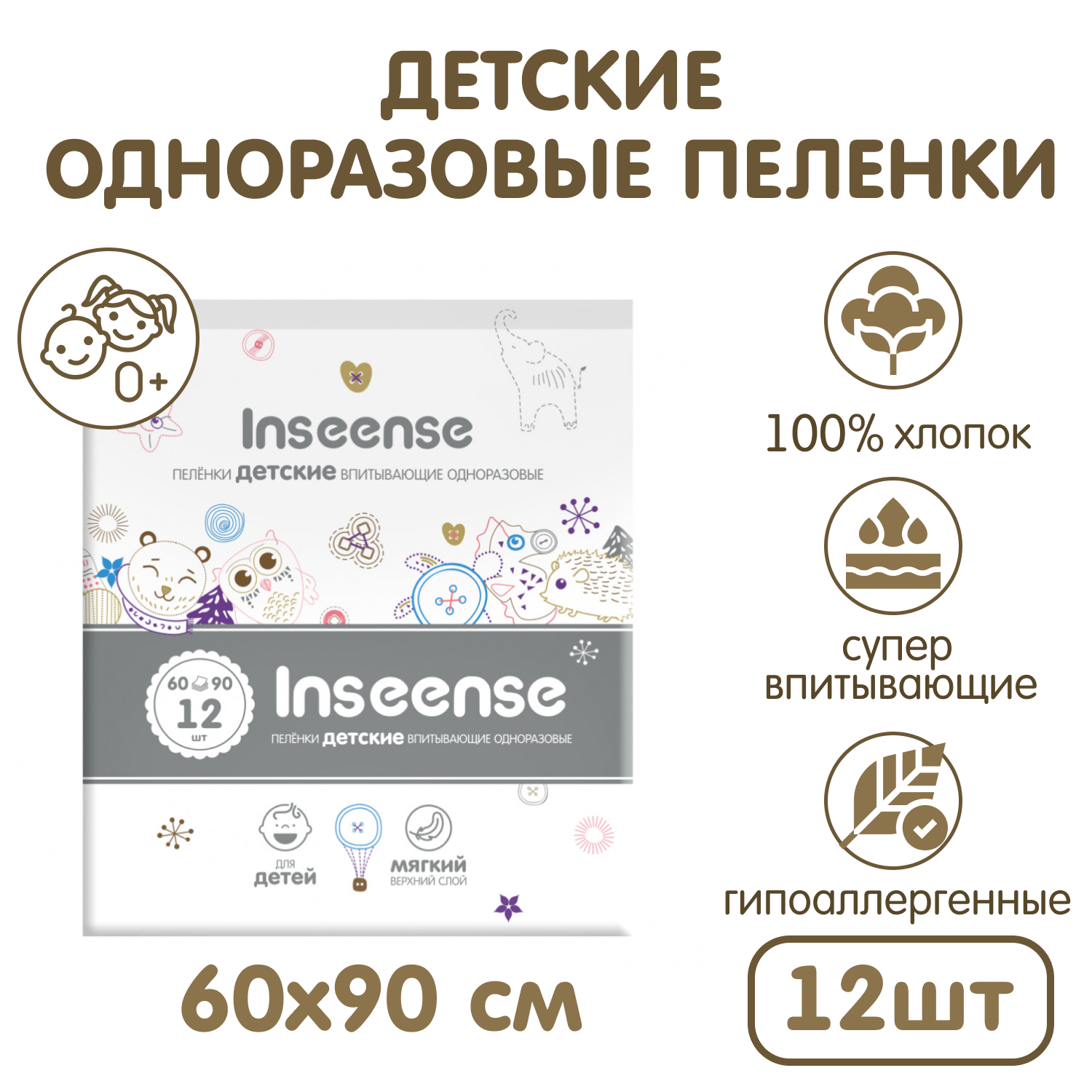 Пеленки детские одноразовые INSEENSE супервпитывающие 60х90 12 шт - фото 1