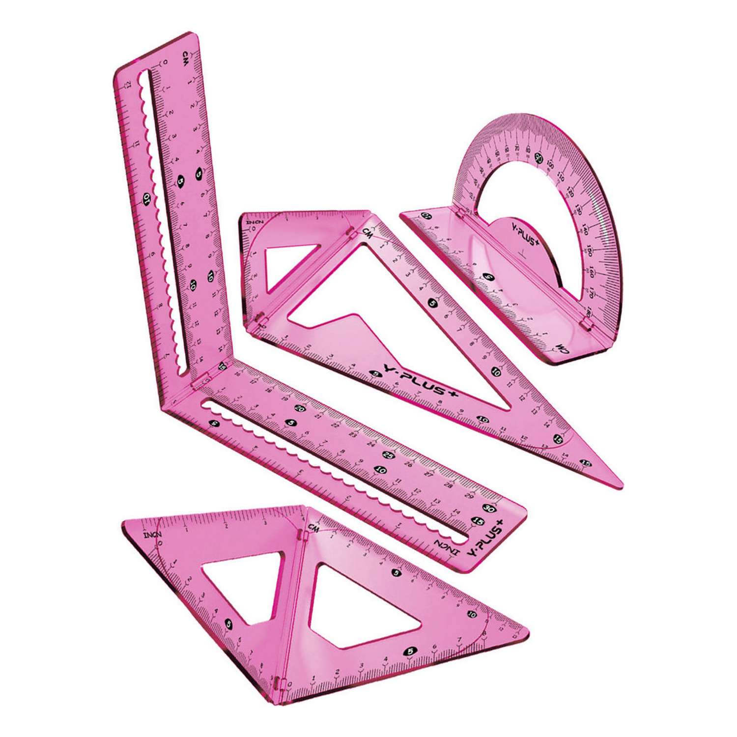 Чертёжный набор Y-plus 3D Fold линейка 15/30см +2угольника+транспортир розовый - фото 1