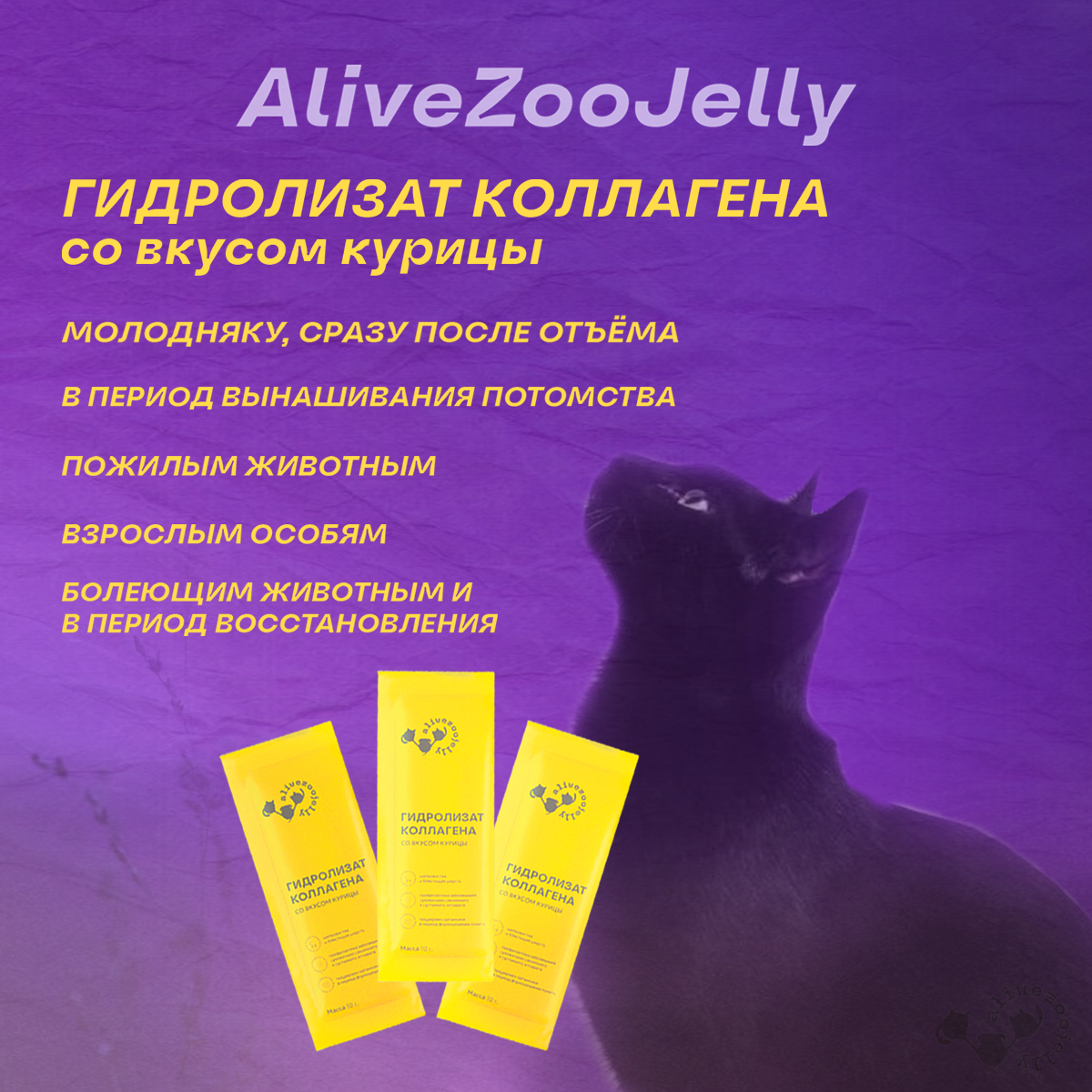 Лакомство для кошек и собак Alivezoojelly, коллаген со вкусом курицы, 3 саше по 10 гр - фото 1