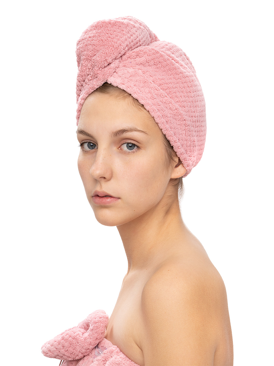 Тюрбан для сушки волос DeNASTIA микрофибра 25x65 см соты розовый Q000055 - фото 1