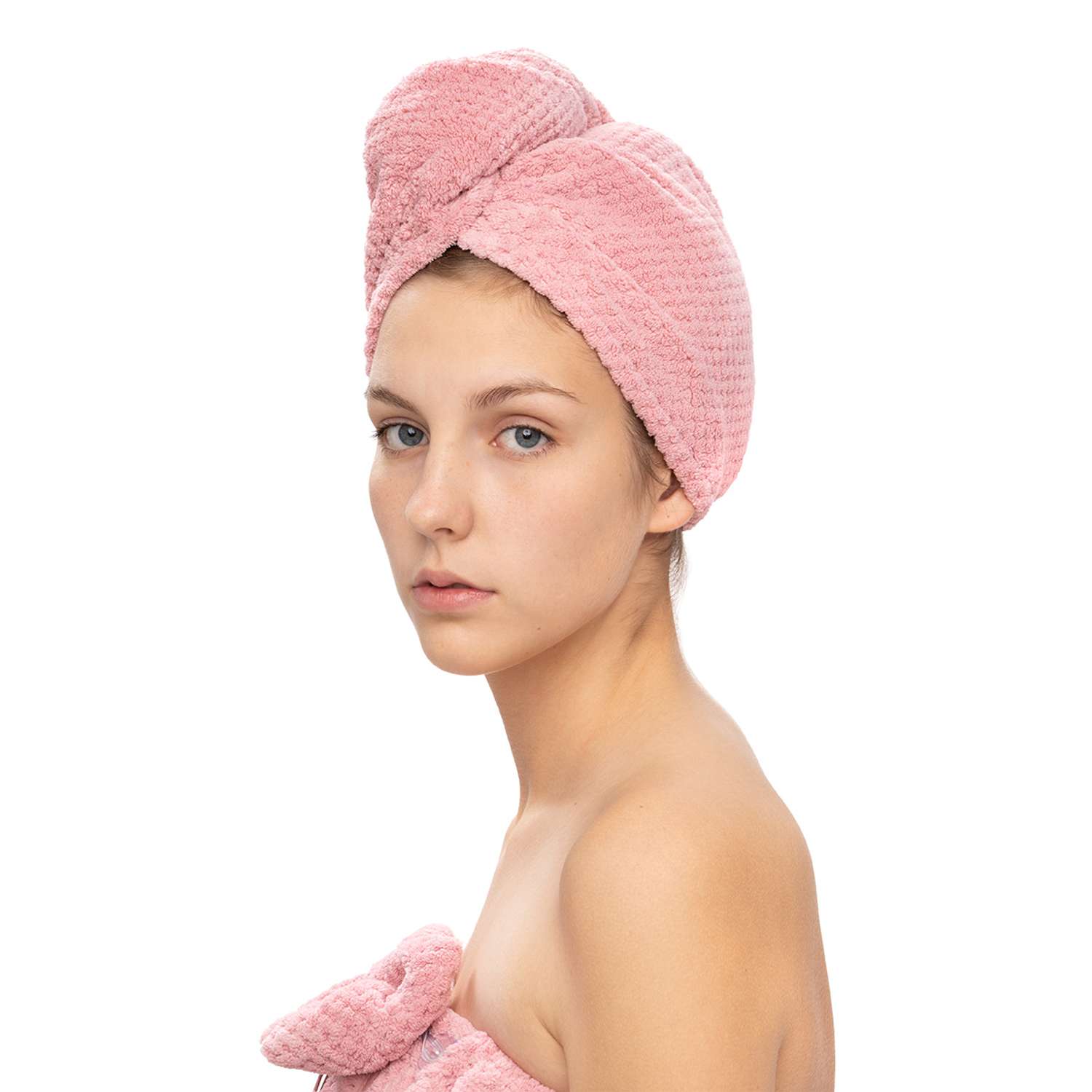 Тюрбан для сушки волос DeNASTIA микрофибра 25x65 см соты розовый Q000055 - фото 1