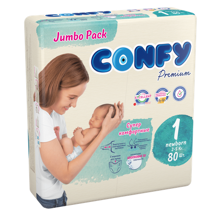 Подгузники детские CONFY Premium NewBorn размер 1 2-5 кг Jumbo упаковка 80 шт CONFY