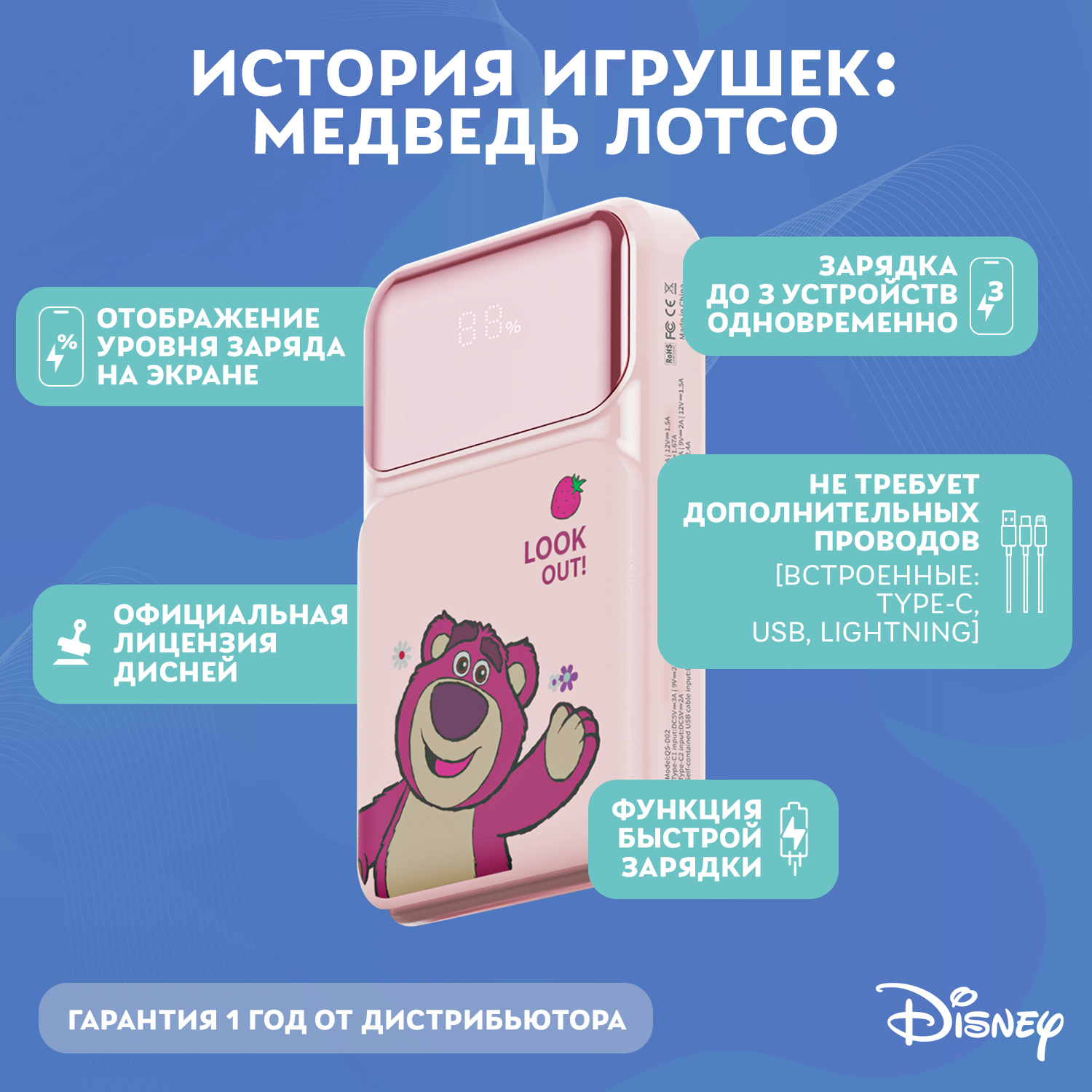 Внешний аккумулятор Disney История игрушек Медведь Лотсо со встроенными кабелями 10000 мАч QS-D02 - фото 2