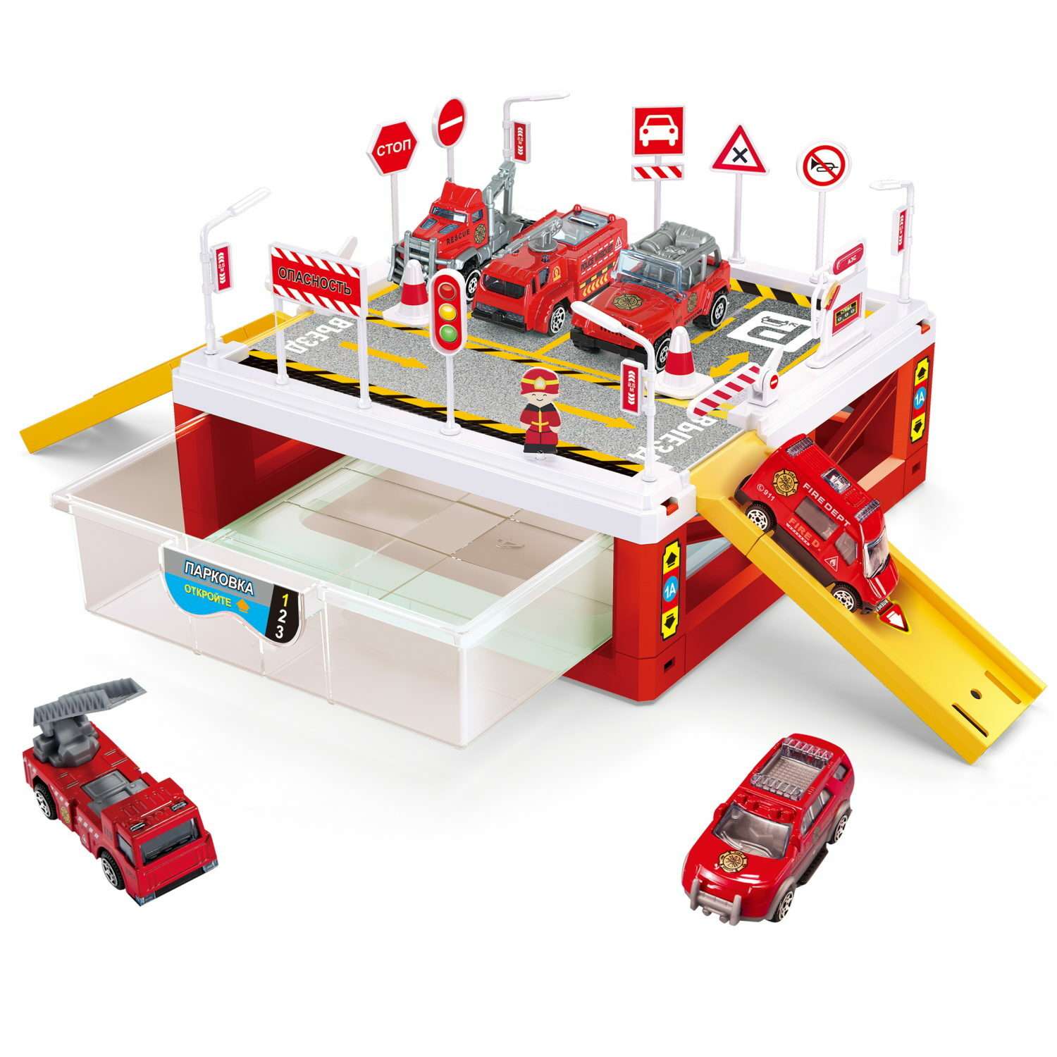 Игровой набор 1TOY Транспаркинг парковка с ящиком Пожарная команда Т24228 - фото 2