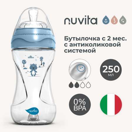 Бутылочка антиколиковая Nuvita Materno Feel пластиковая со средним потоком 250 мл голубая