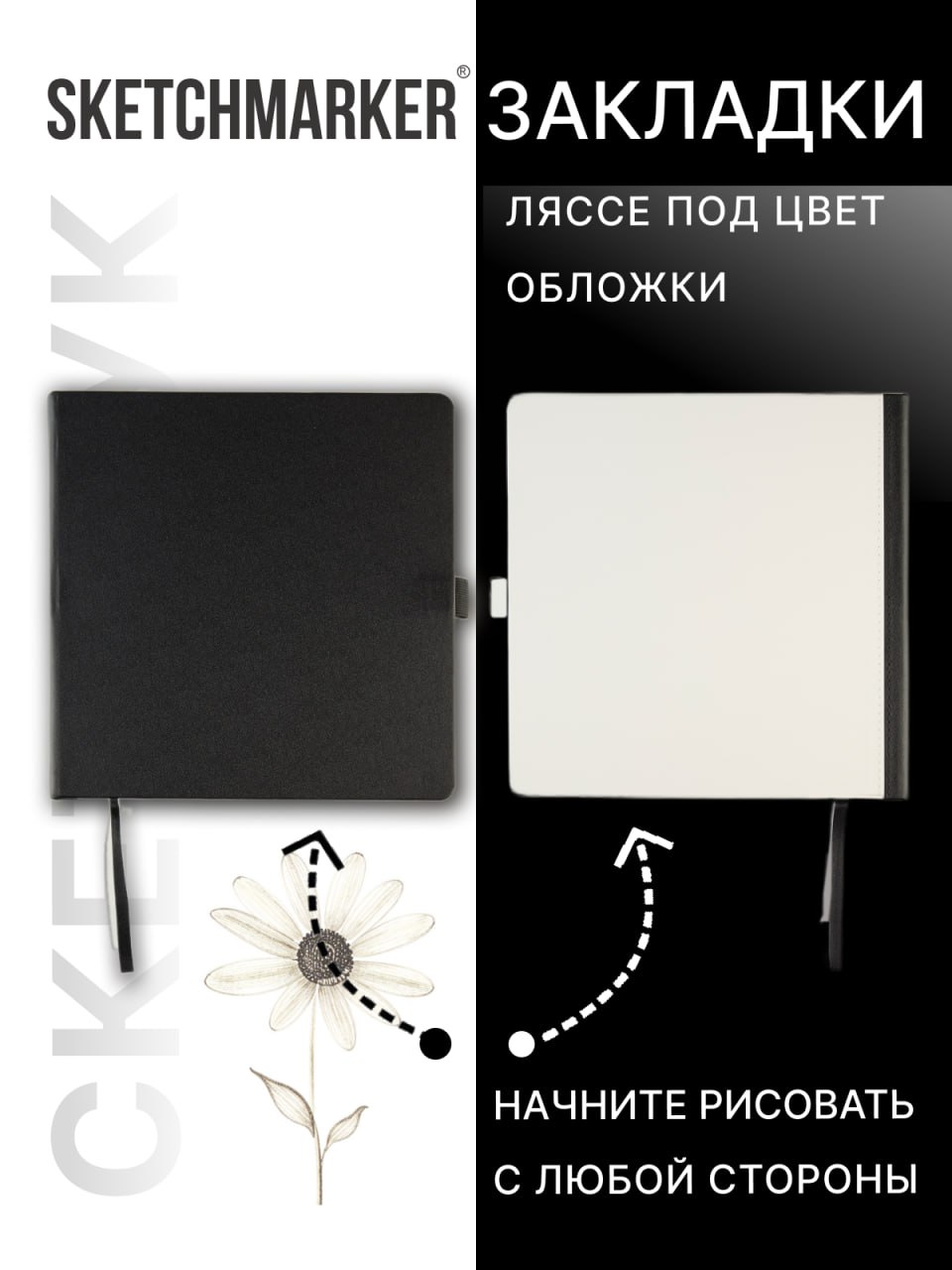 Скетчбук SKETCHMARKER для рисования и записей 140 г кв м 20х20 см 80 л твердая обложка черно-белый - фото 4