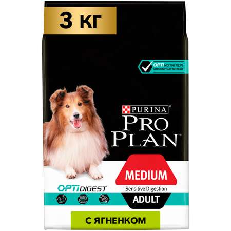 Корм для собак PRO PLAN средних пород с чувствительным пищеварением с комплексом Optidigest ягненок с рисом 3кг