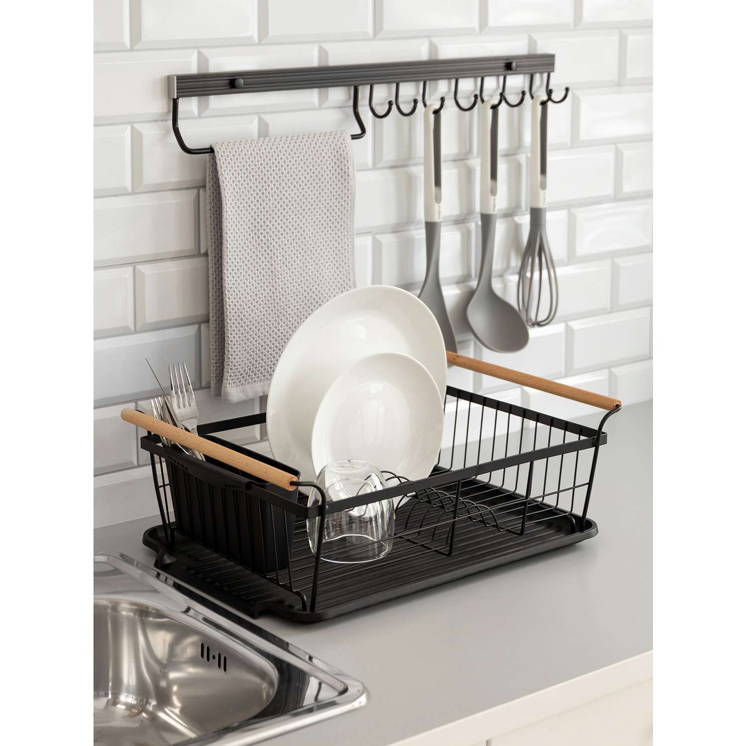 Сушилка кухонная DeNASTIA с поддоном и ручками железо полипропилен бук черный T000321 - фото 1
