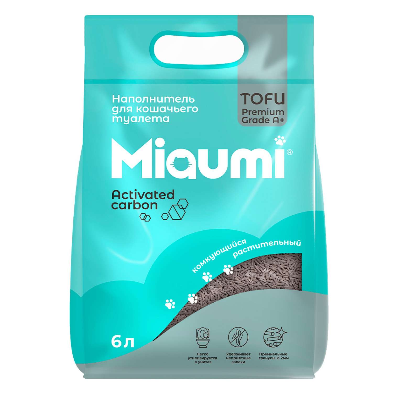 Наполнитель для кошачьего туалета Miaumi TOFU Activated Carbon Unscented Тофу комкующийся растительный с активированным углем 6л - фото 1