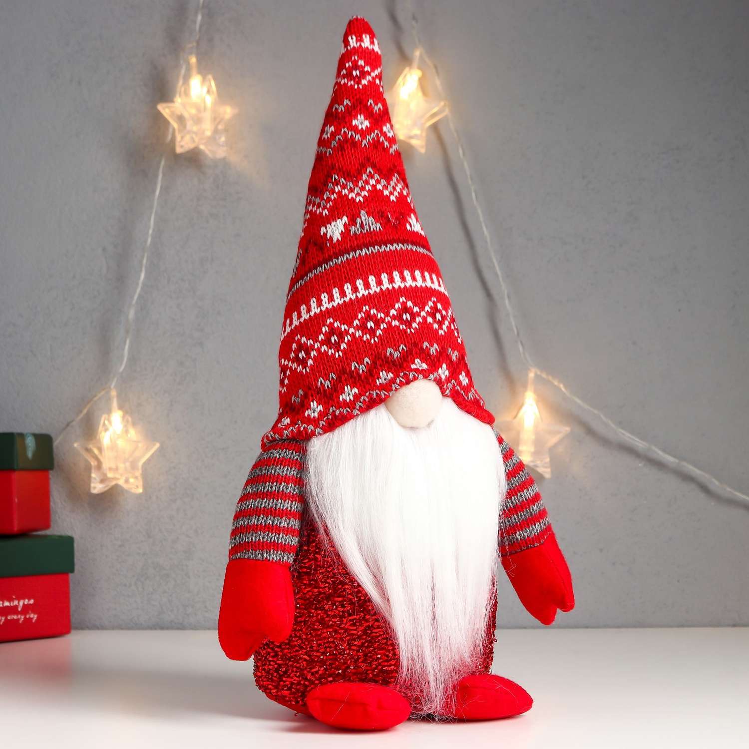 Кукла интерьерная Зимнее волшебство «Дед Мороз светящийся нос в красном колпаке с узорами» 33х17х12 см - фото 3