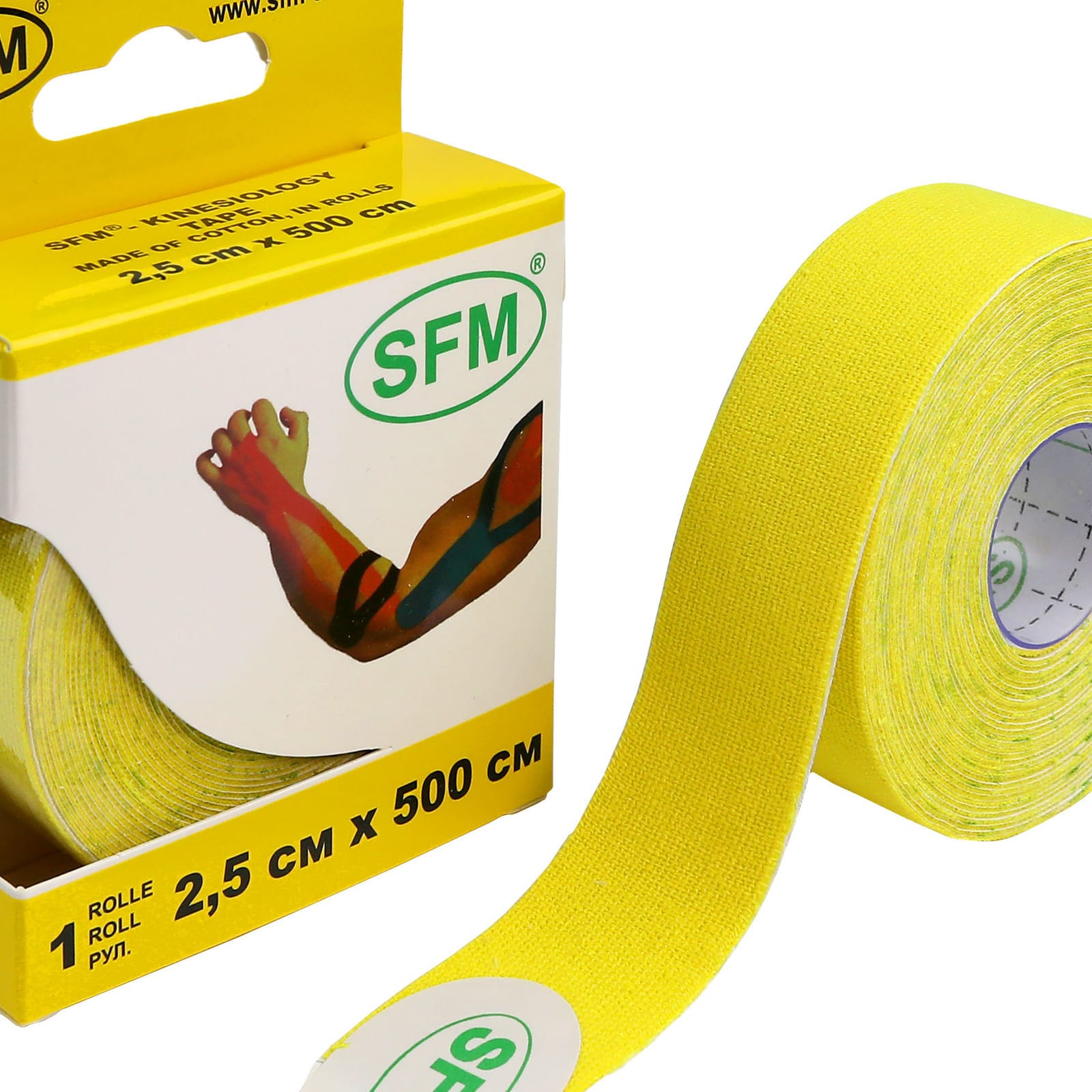 Кинезиотейп SFM Hospital Products Plaster на хлопковой основе 2.5х500 см желтого цвета в диспенсере - фото 2