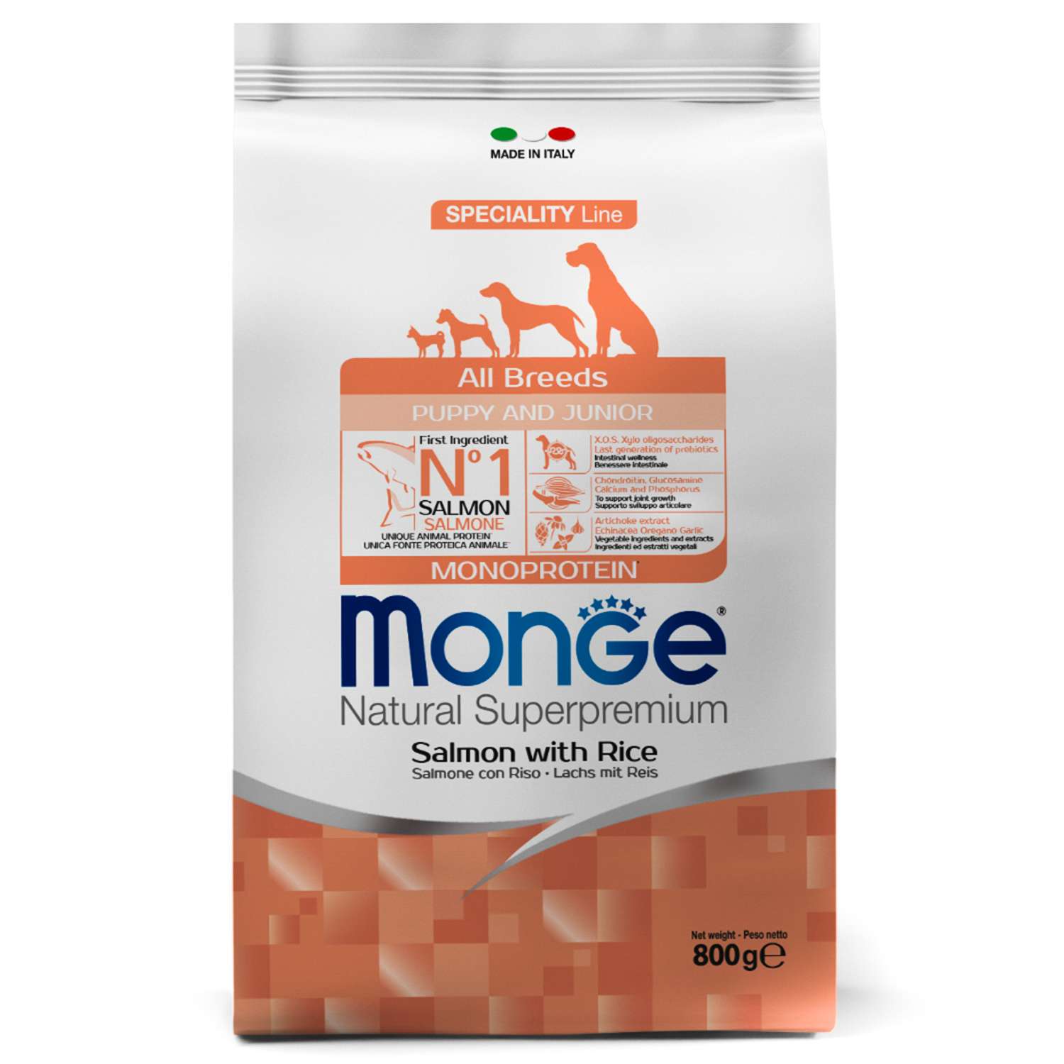 Корм для щенков MONGE Dog Monoprotein всех пород лосось с рисом сухой 800г - фото 1