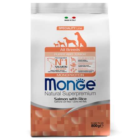 Корм для щенков MONGE Dog Monoprotein всех пород лосось с рисом сухой 800г