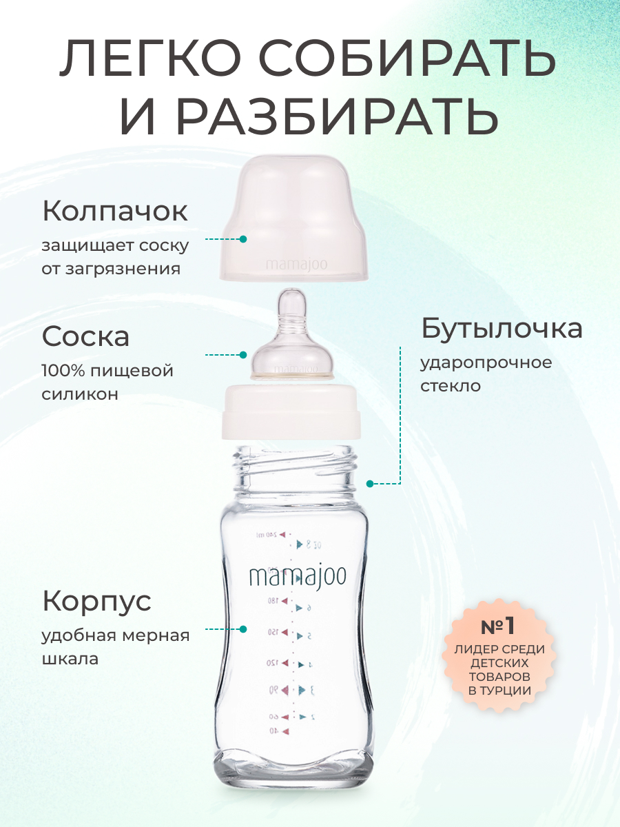 Бутылочка для кормления Mamajoo антиколиковая стеклянная 240мл M - фото 4