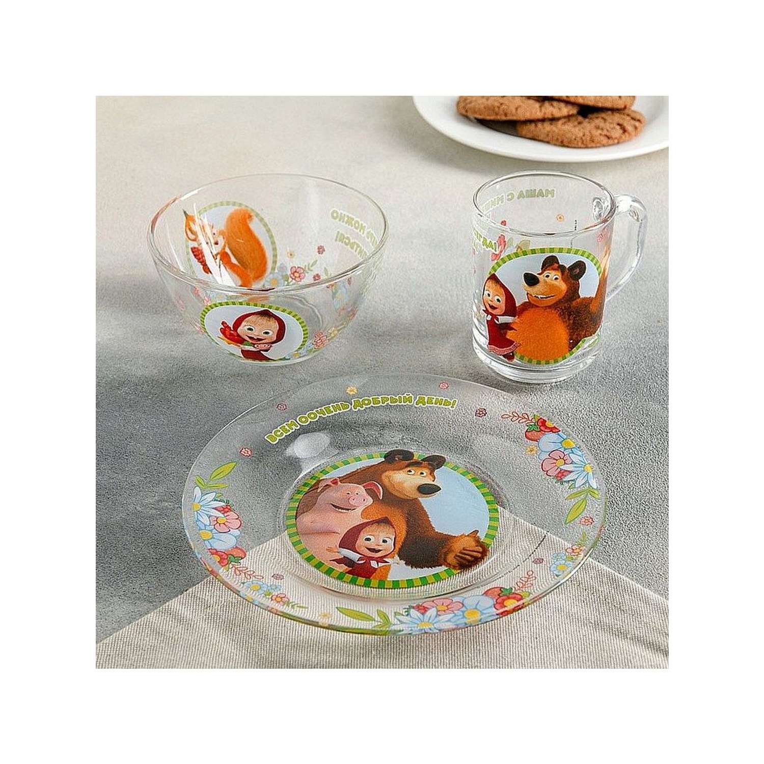 Набор детской посуды Маша и медведь из стекла - фото 1