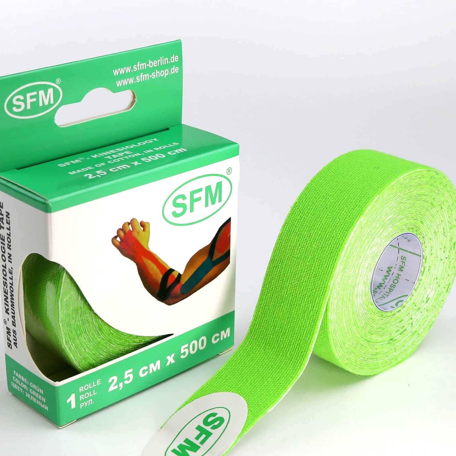 Кинезиотейп SFM Hospital Products Plaster на хлопковой основе 2.5х500 см зеленого цвета в диспенсере - фото 3