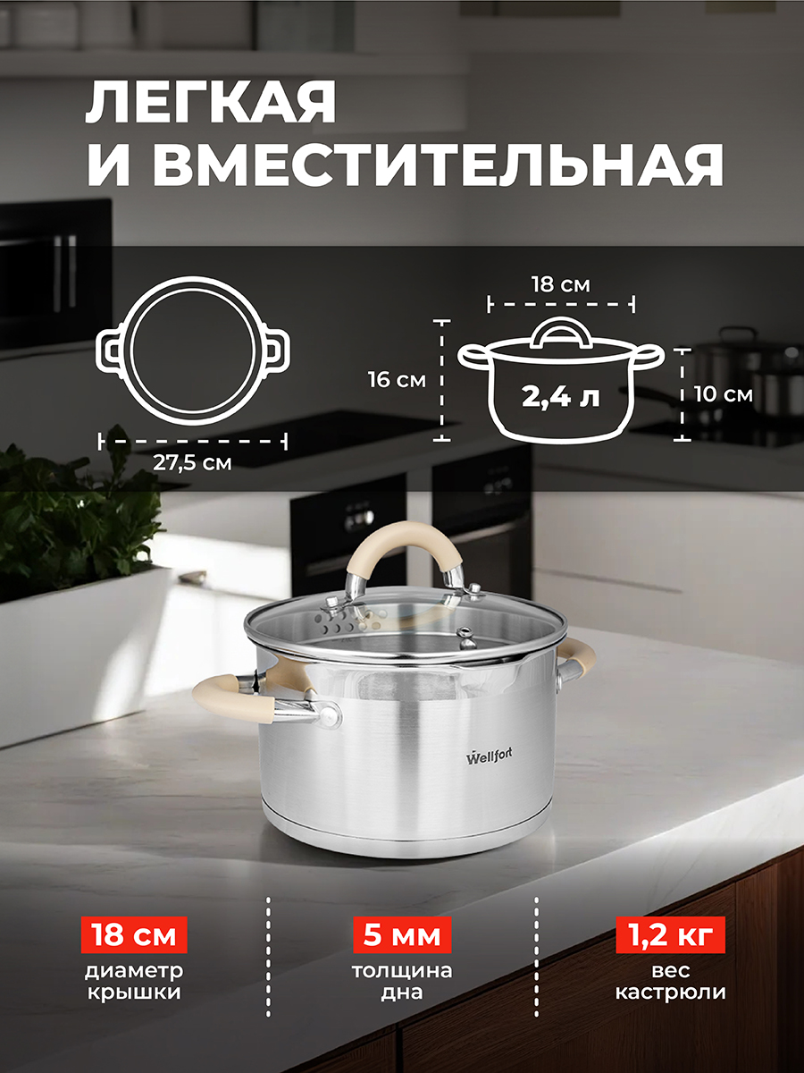 Кастрюля Wellfort 2.4Л нержавеющая сталь крышка-дуршлаг STYLE - фото 8