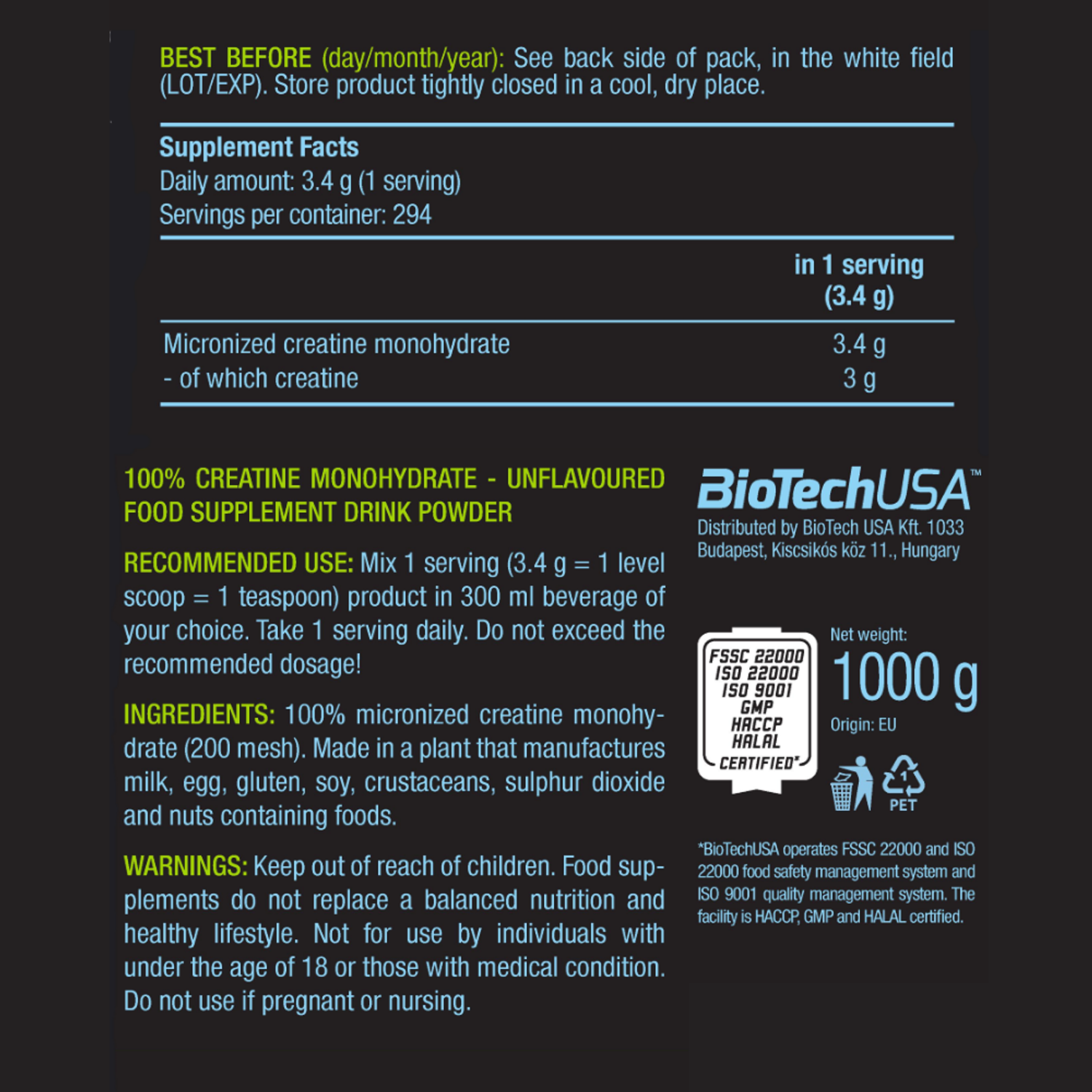 Моногидрат креатина BiotechUSA 100% Creatine Monohydrate 1000 г - фото 2