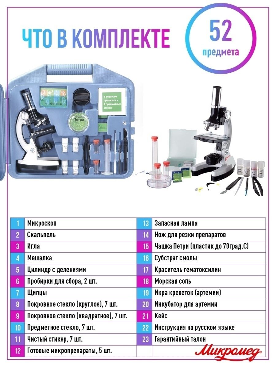 Микроскоп Микромед 100х-900х в кейсе с препаратами и инструментами 52 предмета - фото 3