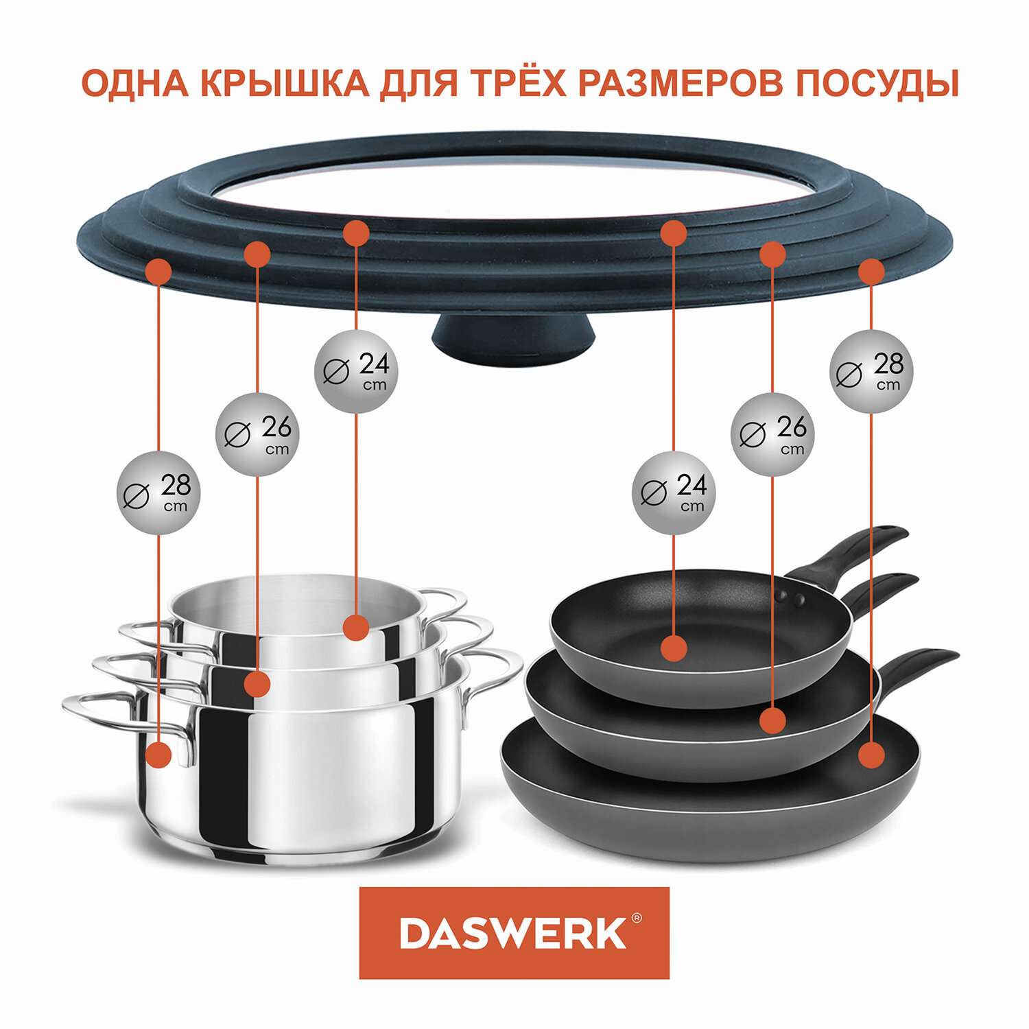 Крышка для сковороды DASWERK кастрюли посуды универсальная 3 размера 24-26-28см - фото 4