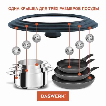 Крышка для сковороды DASWERK кастрюли посуды универсальная 3 размера 24-26-28см