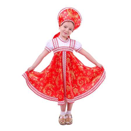 Русский народный костюм Страна карнавалия для девочки с кокошником красно-бежевые узоры рост 122-128 см